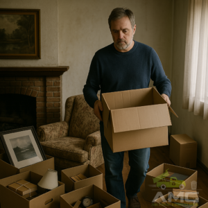 Man holding a cardboard box surrounded by other moving boxes while decluttering a home before putting it on the market
