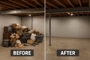 Before-and-after image showing a cluttered space transformed into a clean, organized area