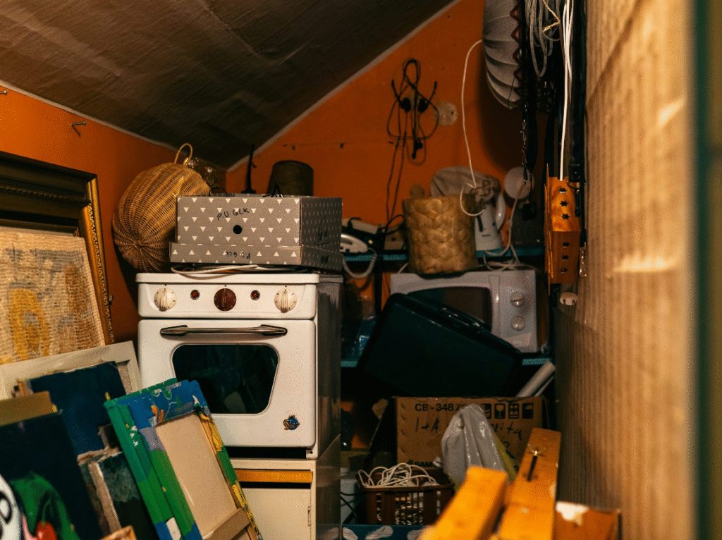 Crowded storage room with stacked appliances and household junk