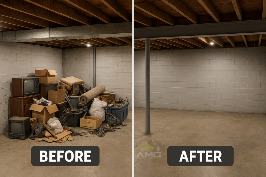 A before and after of a basement that got its junk cleaned up.