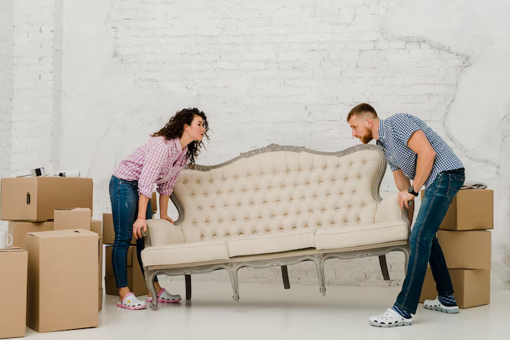 A couple struggling to lift a heavy couch surrounded by moving boxes in their living room