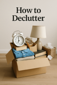 A box with junk items and a caption ‘how to declutter’.