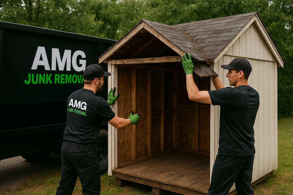 AMG Junk Removal professionals dismantling a shed with a roll-off dumpster in the background