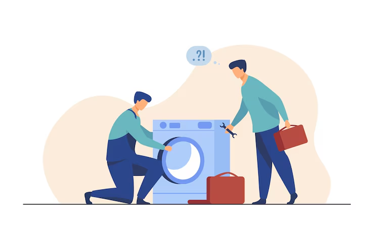 Illustration of a team of professionals removing a broken washer from a home