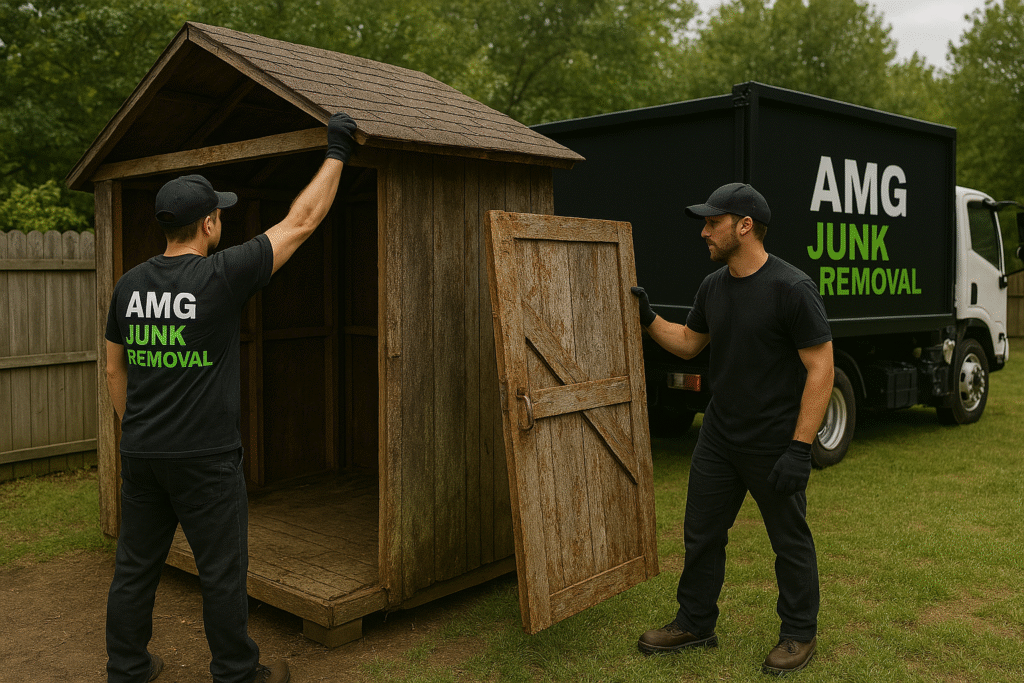 AMG Junk Removal crew dismantling a backyard shed during a fence removal project