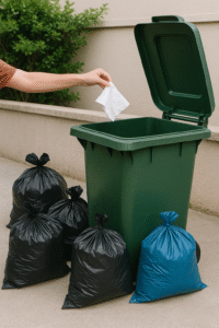 A person putting a tissue paper into a garbage can.