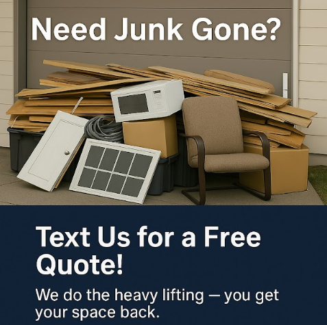 AMG Junk Removal team member standing in front of junk piles with a promotional banner.