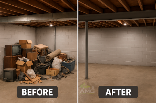 Side-by-side image showing a cluttered garage before and a clean, empty space after junk removal.