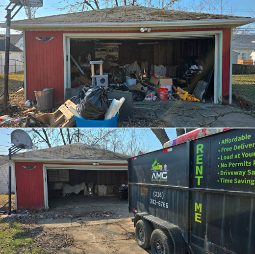 Side-by-side image showing a cluttered space transformed after junk removal services in Maple Heights.