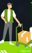 Illustration of a delivery worker in a cap and vest moving a box on a hand truck.