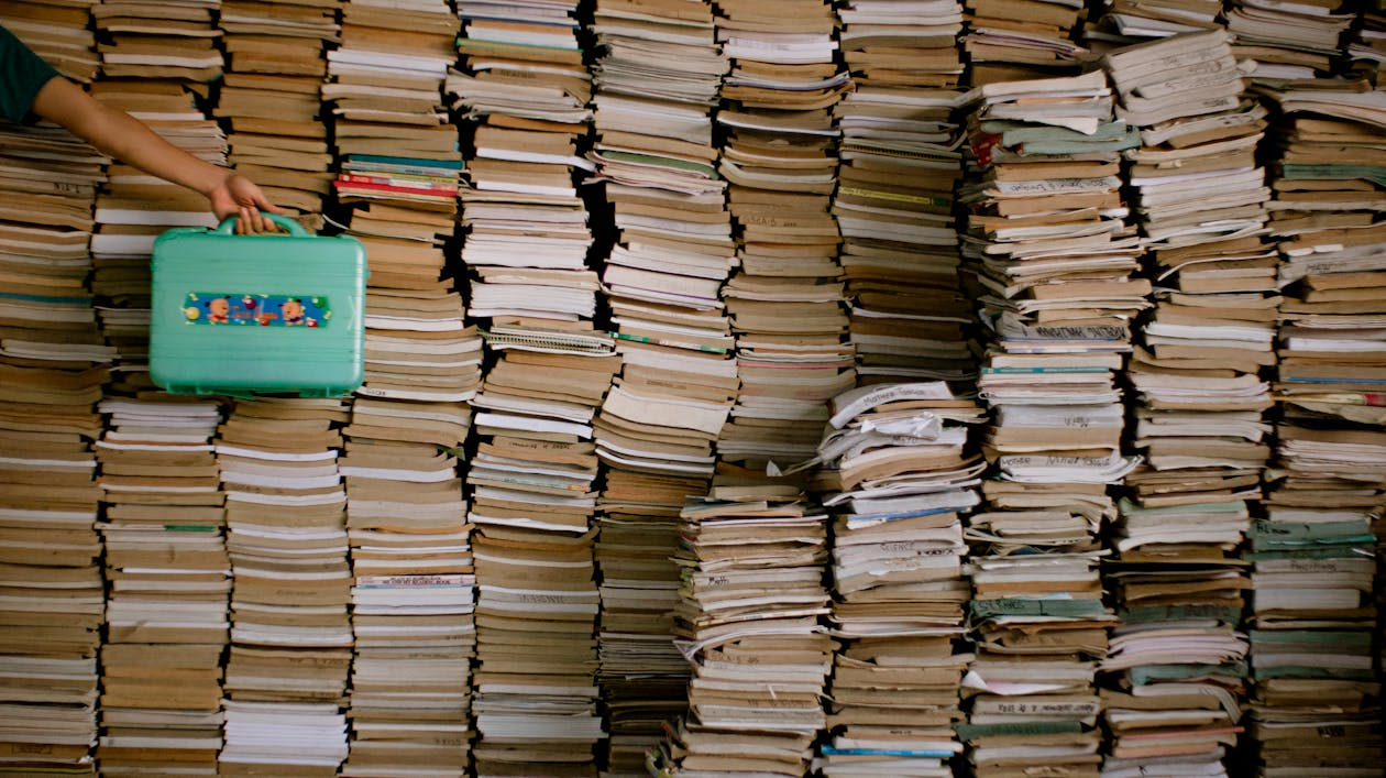 Hoarded stack of books.