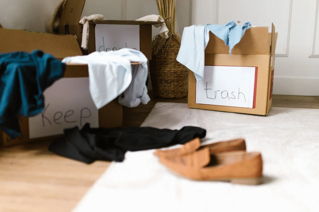 Labelled cardboard boxes.