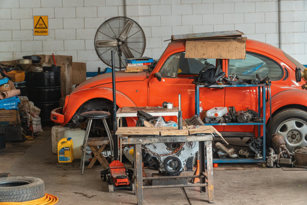 A garage filled with junk.
