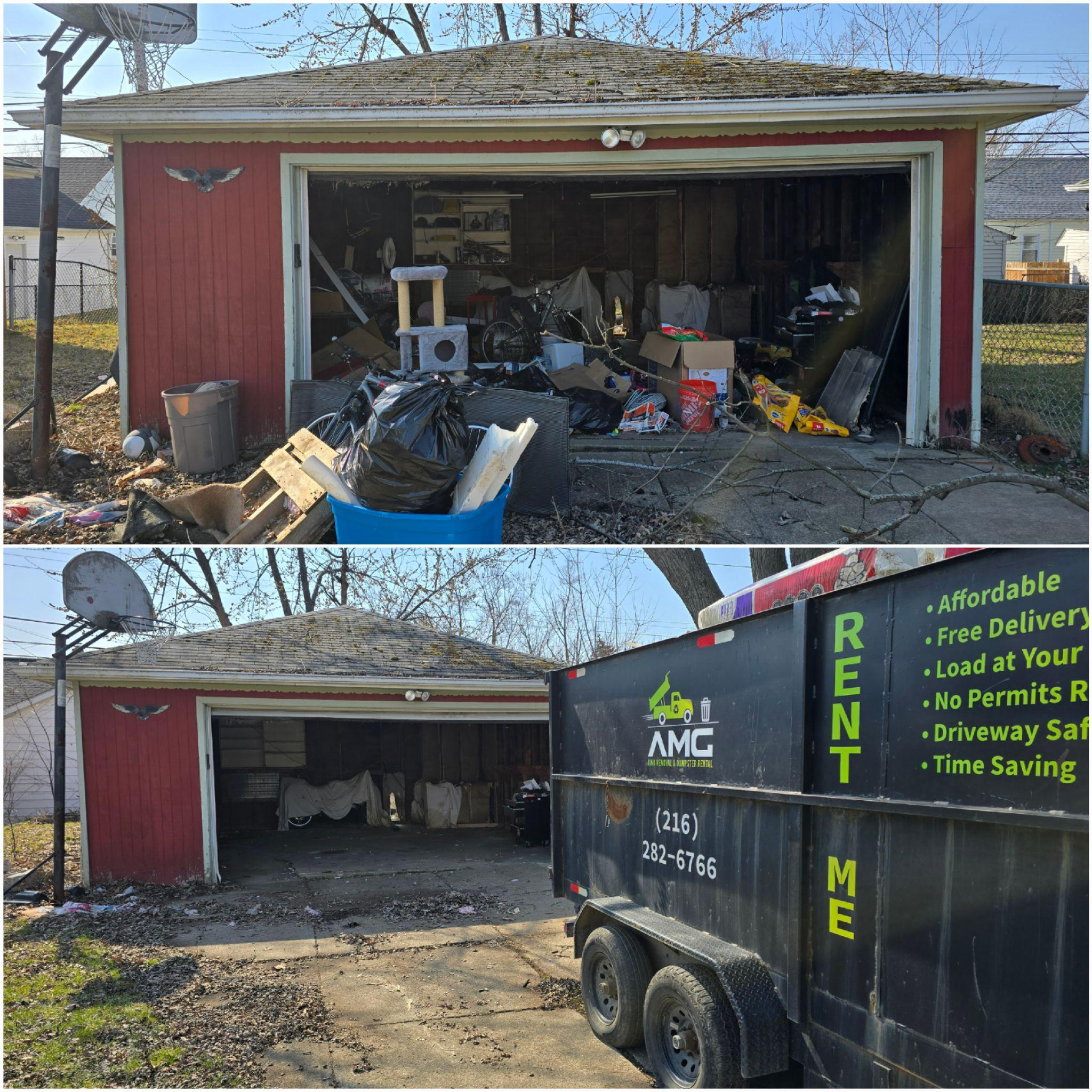 A garage before and after hoarding cleanup 