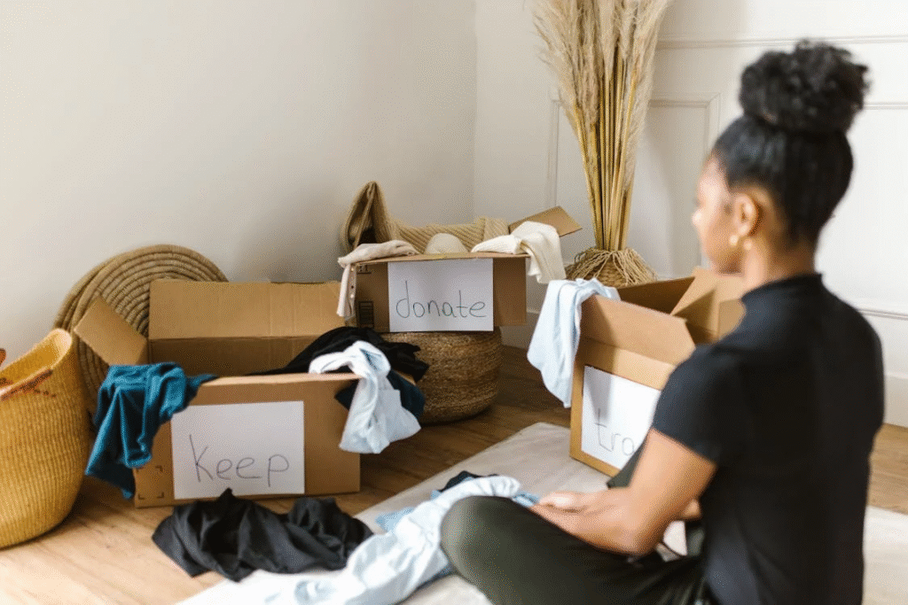 A person sitting in front of cardboard boxes.