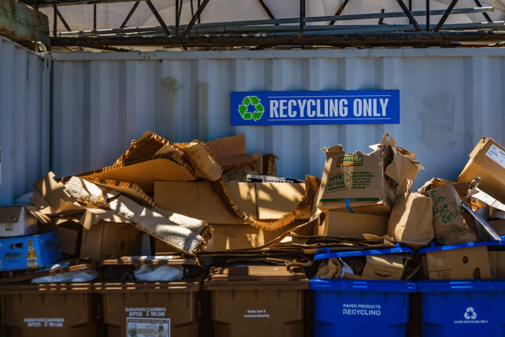 Cardboard boxes on top of trash bins.