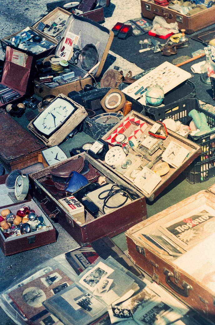 Vintage items spread out during a house cleanout.