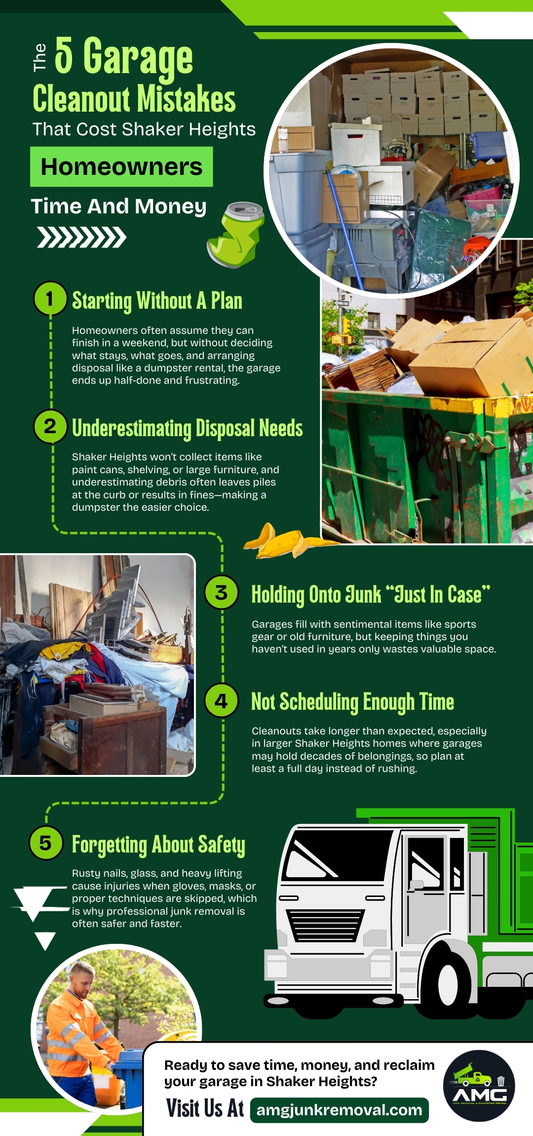 Infographic highlighting five costly garage cleanout mistakes homeowners in Shaker Heights make, including lack of planning, underestimating disposal, holding junk, poor time scheduling, and ignoring junk removal safety.

