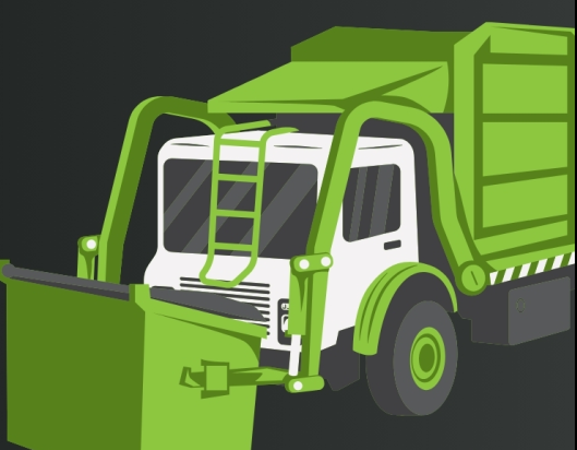 Illustration of a green and white garbage truck with a front-loading mechanism and recycling symbol, shown on a dark background.