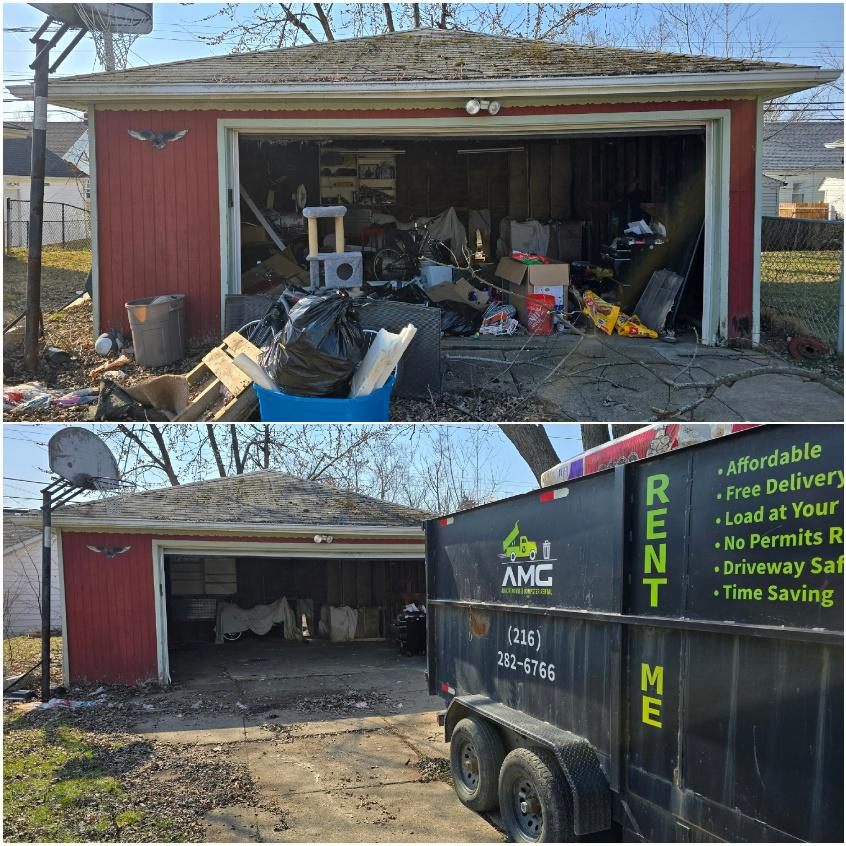 Before and after garage cleanout using AMG roll-off dumpster in Cleveland.