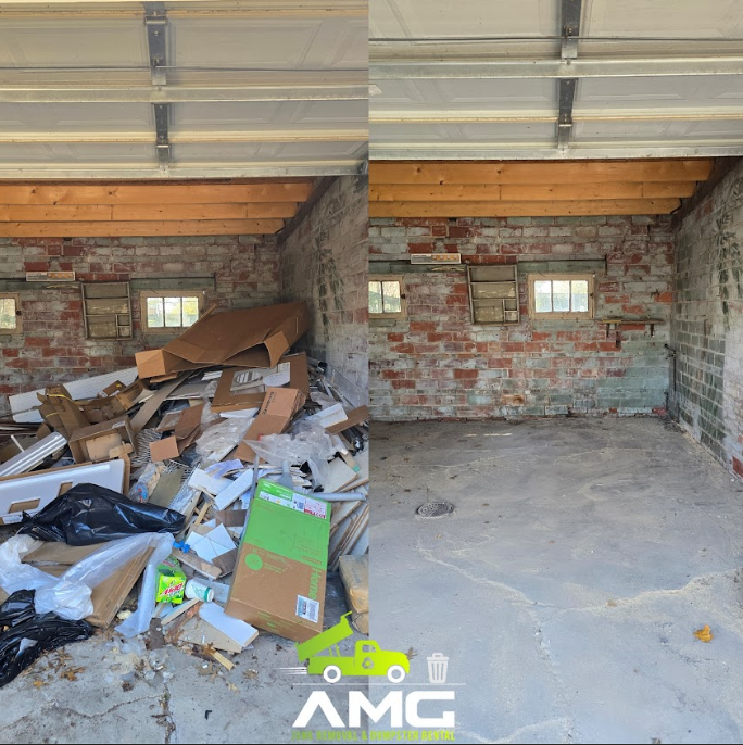 A before and after picture of a garage cleanout by AMG in Maple Heights.