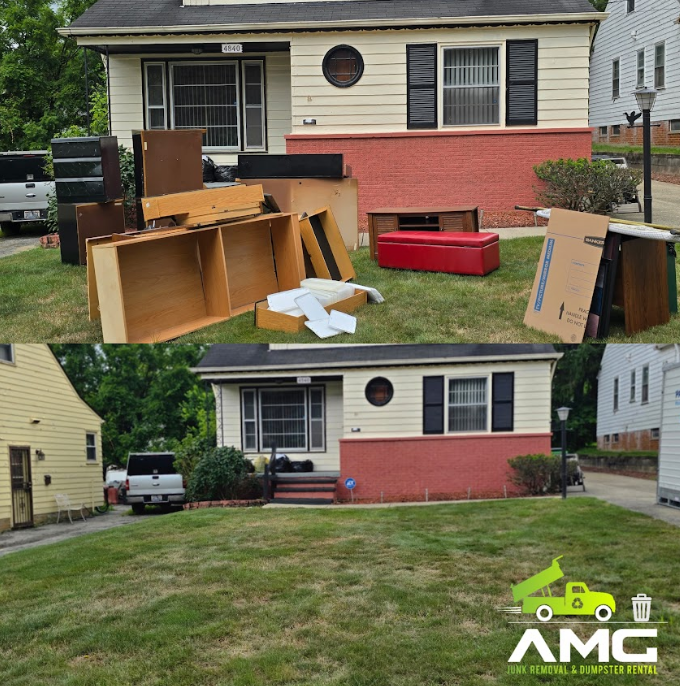 A before and after image of trash removal from a yard by AMG in Maple Heights