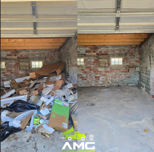 Before and after images of a residential garage clean out finished using an AMG dumpster rental.