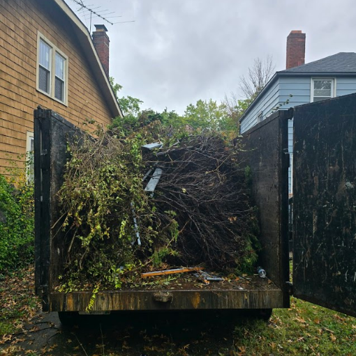 AMG rental dumpster removing fallen trees from a property after a storm.